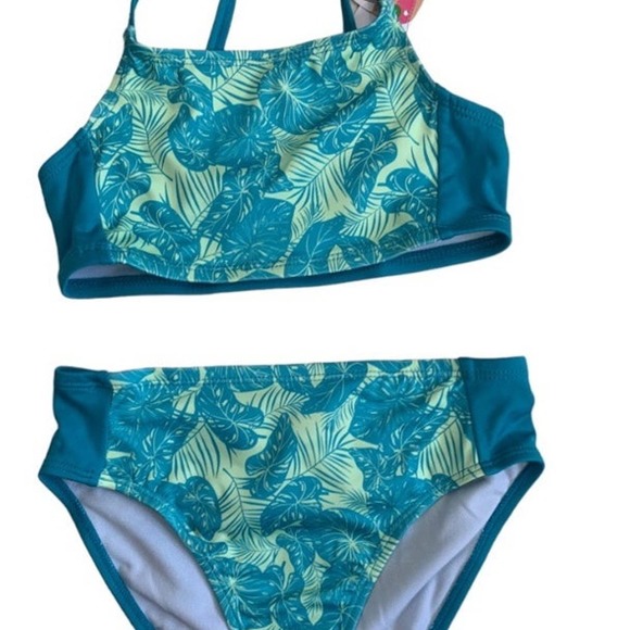 Lily & Dan Girls 2 Piece Swim Set Large Top & Bottom Turquoise Tropical NEW - Picture 7 of 7